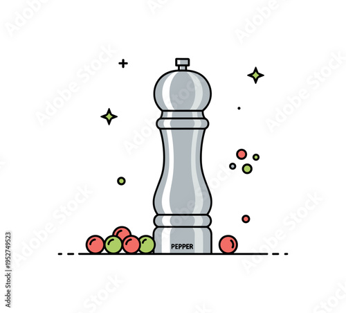 Modern stainless steel pepper mill sleek grinder silhouette paired with a few round peppercorn icons arranged neatly at the base. A refined editorial icon