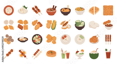 Indonesian Food and Drinks Vector Illustration Set, Traditional Asian Cuisine Icons Collection