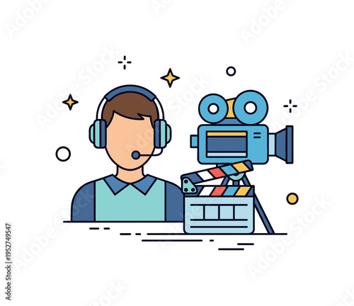 On set coordination scene depicted by a headset wearing crew member silhouette next to a camera and clapperboard, representing communication and synchronized