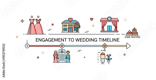 Engagement to wedding timeline compact horizontal timeline with small icons for dress fitting, venue booking and cake tasting, symbolizing structured