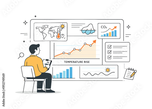 Global warming analytics. A person analyzing climate charts and rising temperature graphs on a large dashboard. The scene shows focused research and