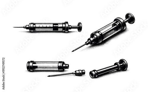 Vintage hypodermic syringe medical device showing a classic reusable metal and glass hypodermic syringe with detachable needle presented in three views: side,