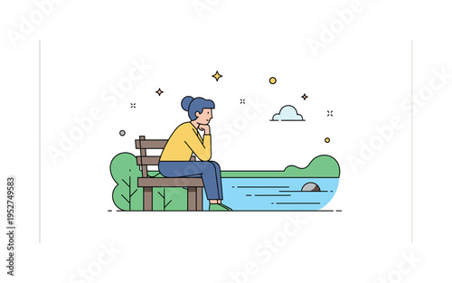 Reflective pose with a person sitting on a bench by a calm lake, chin resting on hand, looking thoughtfully at the water, conveying contemplation and serenity.
