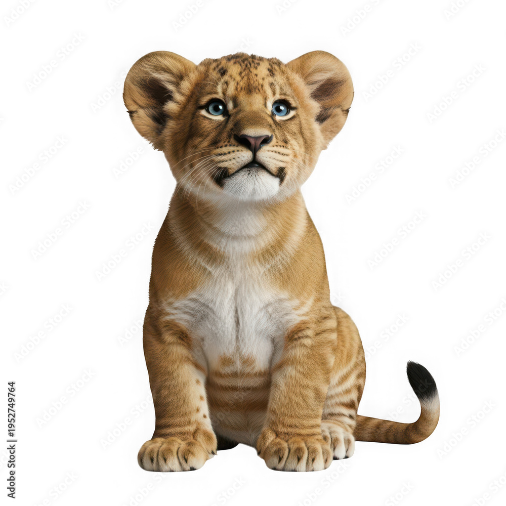 Fototapeta premium A cute little lion cub sitting alone on a white background isolated on transparent background
