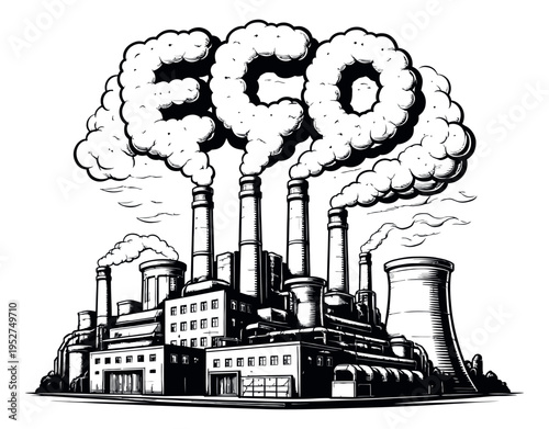 Hand drawn line art illustration of an industrial factory depicting 'eco' formed by smoke for environmental pollution awareness