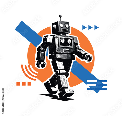 retro robot walking forward with boxy limbs and antenna head, black and white cut-out figure layered over large abstract circle and diagonal stripe,