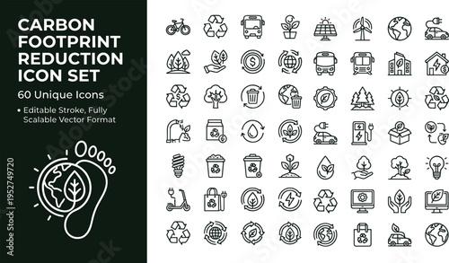 Carbon footprint reduction line icon set with sustainability recycling renewable energy and eco friendly lifestyle symbols