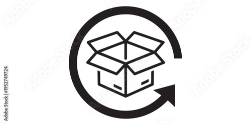 Black and white icon of cardboard box with recycling symbol around it