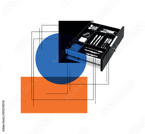 Black and white drawer pulled open with perfectly compartmentalized accessories, bold blue circle anchoring center, orange rectangular block grounding lower
