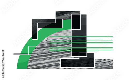 Monochrome close-up of textured rock surface intersected by a bold green arc and thin horizontal stripes suggesting sediment layers, abstract rectangular