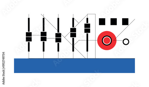 Black and white studio control panel with simplified sliders and buttons, bold red circular accent over one highlighted button, blue rectangular