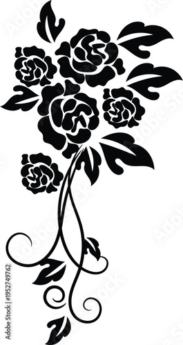 Black and white rose vector illustration with floral pattern and vintage design elements