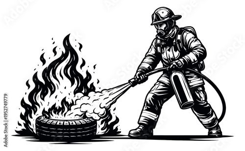 Hand drawn line art illustration of a firefighter depicting extinguishing a burning tire for fire safety