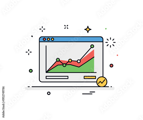 Stock market trading real time analytics concept featuring a compact dashboard screen with rising line graph and small spark accents. The scene conveys