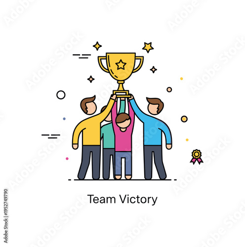 Group achievement team celebration moment with three simplified figures raising a single trophy together, small star accents suggesting shared success and