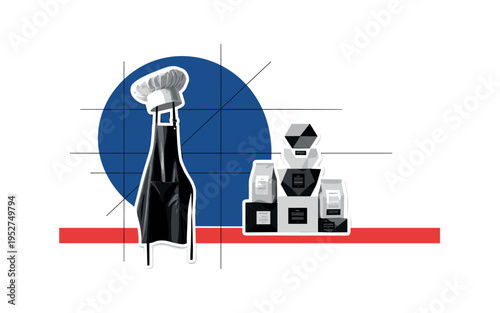 Black and white chef hat and apron hanging beside geometric ingredient packages, oversized blue semicircle behind as abstract halo, red horizontal