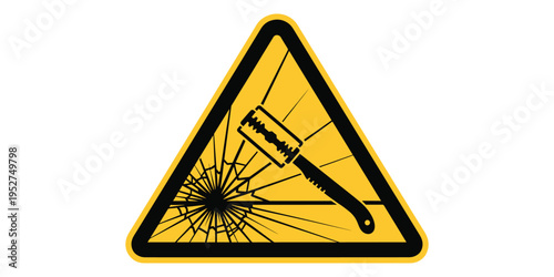 Yellow warning triangle sign with razor and broken glass symbol
