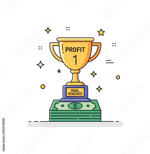 Profit achievement compact trophy standing on stacked bills with a small label Goal Reached, representing business milestones and measurable