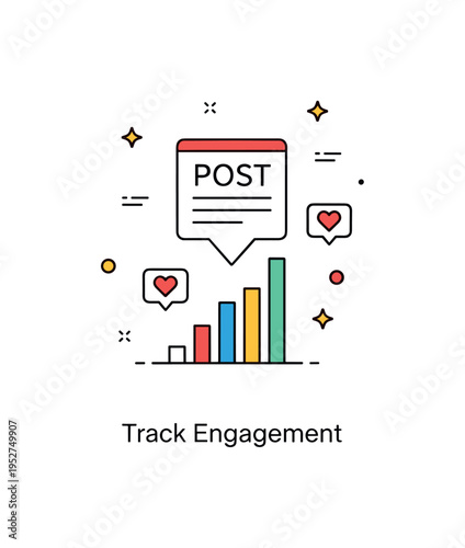 Shareable content concept engagement analytics scene with a post icon above a minimal bar chart and small heart symbols, expressing measurable interaction and