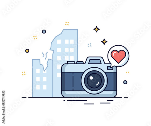 Photojournalism in crisis areas symbolized by a compact camera beside a subtle broken building silhouette and a small heart icon representing empathy and