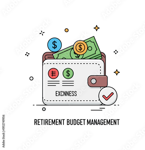 Retirement budget management illustrated by a wallet icon with carefully arranged expense symbols and a small check mark, expressing control, awareness, and