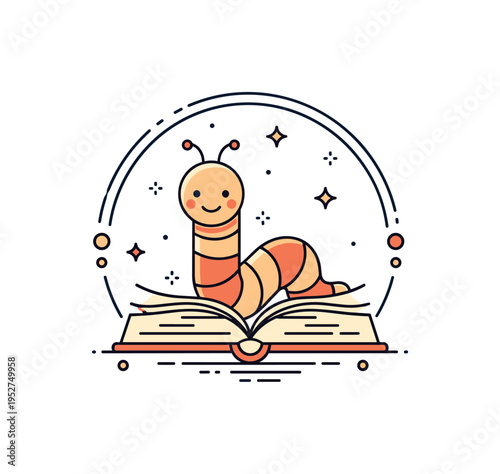 Bookworm mascot style emblem featuring a smiling worm emerging from a book framed within a simple circular badge suggesting education branding and literacy