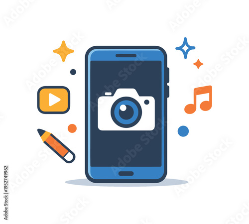 Short video reels content creation focused on an upright phone with a camera symbol and spark elements, conveying originality, trends, and everyday creator
