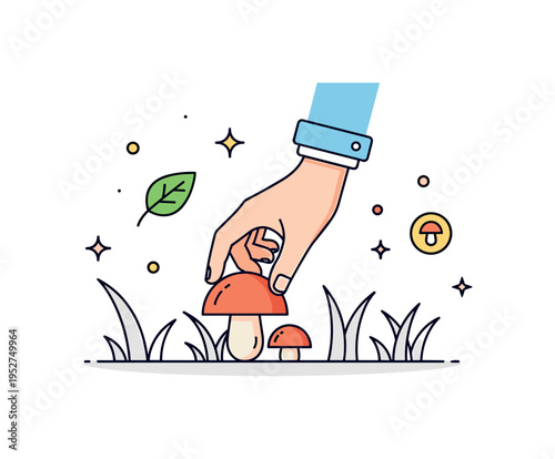 Forest mushroom foraging concept showing a single hand gently picking a mushroom from simple grass shapes. Tiny sparkle details and a clean leaf icon emphasize