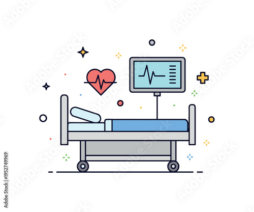 Hospital care environment illustrated by a neatly arranged hospital bed with a subtle monitoring screen and heart pulse icon above, symbolizing attentive