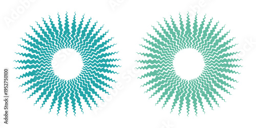 Two green and blue circular patterns on isolated white background with spiky rays