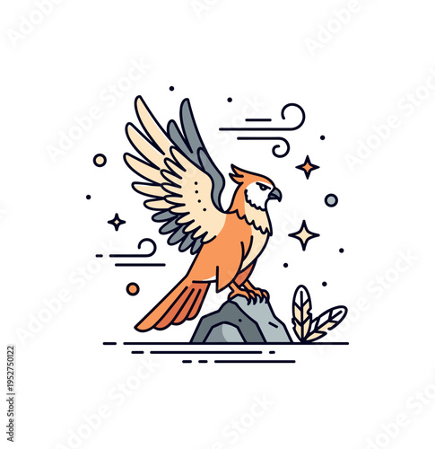 Harpy winged being perched on a minimal rock element with flowing feathers and a subtle wind swirl accent, expressing wild freedom and mythological mystery.