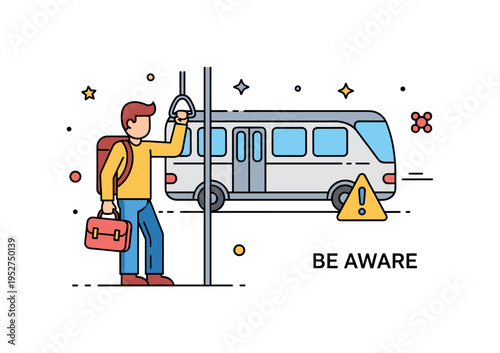 Public transport safety tip featuring a tourist holding onto a rail while keeping belongings close. Simple bus or train silhouette, small caution triangle and