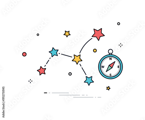 Constellation navigation theme featuring a cluster of bright stars connected by delicate lines with a small compass icon nearby, symbolizing orientation