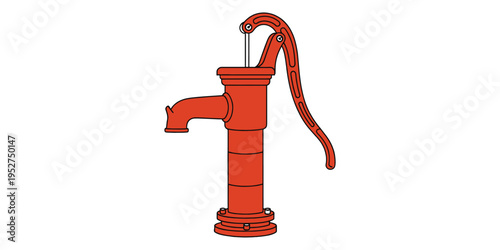 Vintage red hand pump water well on white background