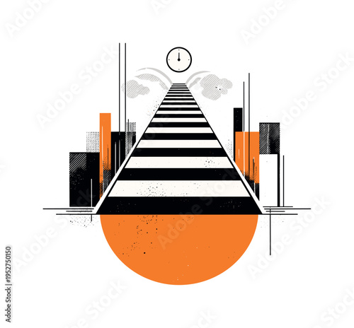 Black and white pedestrian crosswalk stretching into the sky like stairs, bold orange circle anchoring the lower composition, thin vertical lines and abstract