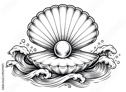 Hand drawn line art illustration of a scallop shell with a pearl depicting it surrounded by ocean waves for a nautical theme