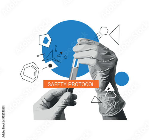 Black and white close-up of gloved hands mixing substances in a beaker, oversized blue circle intersecting the upper half, abstract orange diagonal stripe