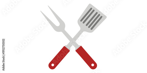 Crossed kitchen utensils with red handles on white background