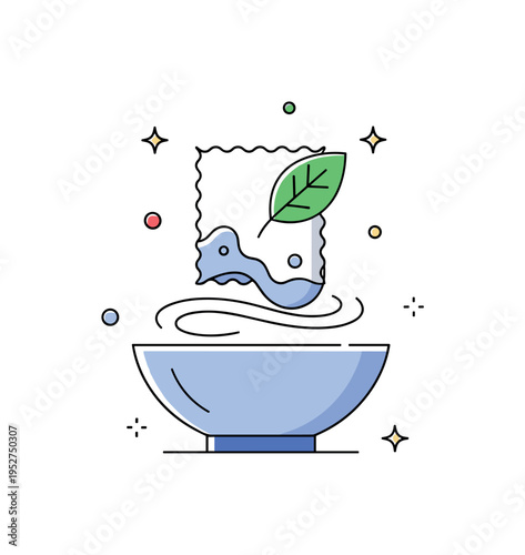 Eco friendly dyeing process illustrated by a minimal fabric swatch dipped into a natural dye bowl with a leaf accent and gentle ripple lines, suggesting low