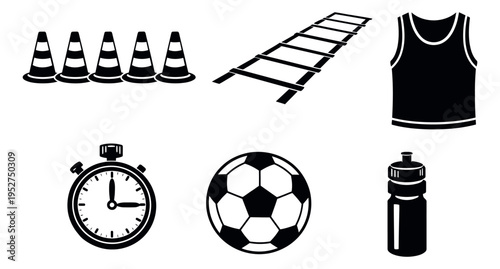 Graphic sports training set featuring cones, an agility ladder, a stopwatch, a soccer ball, a jersey, and a water bottle for fitness and athletic activities