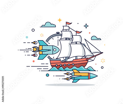 Time traveling explorers scene featuring a vintage sailing ship combined with subtle jet propulsion elements, blending age of discovery imagery with space age