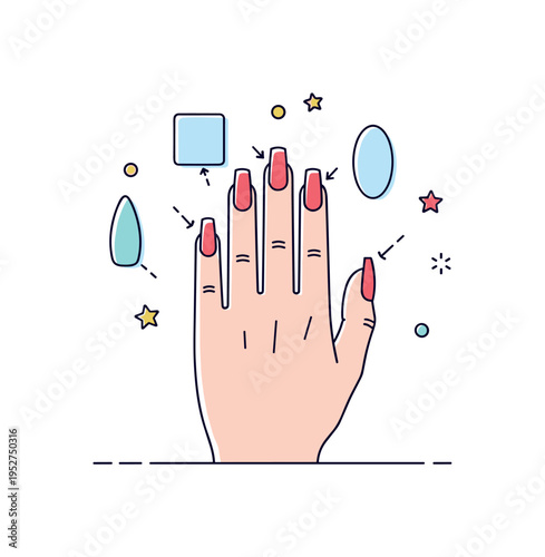 French manicure shape guide featuring a hand with subtle outlines marking square, oval, and almond nail shapes around it, suggesting choice and