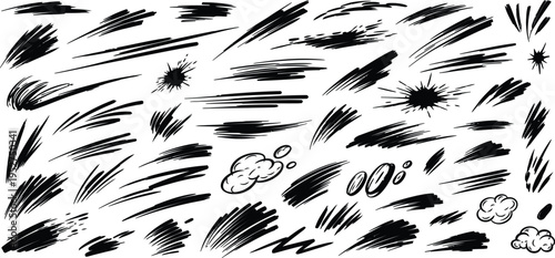 A collection of various black brush strokes and marks on a white background