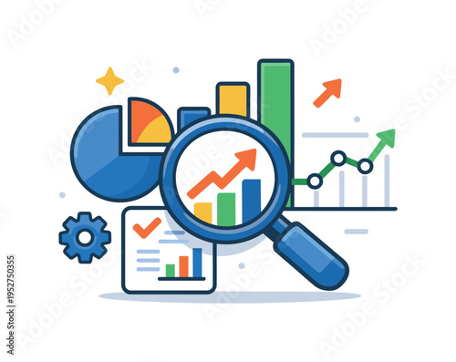 Market analysis focused on understanding business performance and identifying growth opportunities as charts, graphs and a magnifying glass form a clear visual