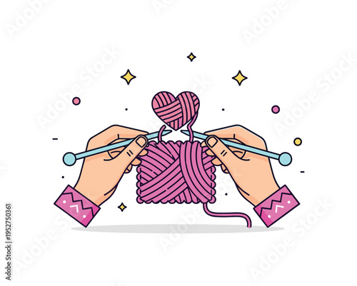 Knitting and textile craft represented by hands holding knitting needles with a small heart shaped yarn piece forming between them, communicating warmth and