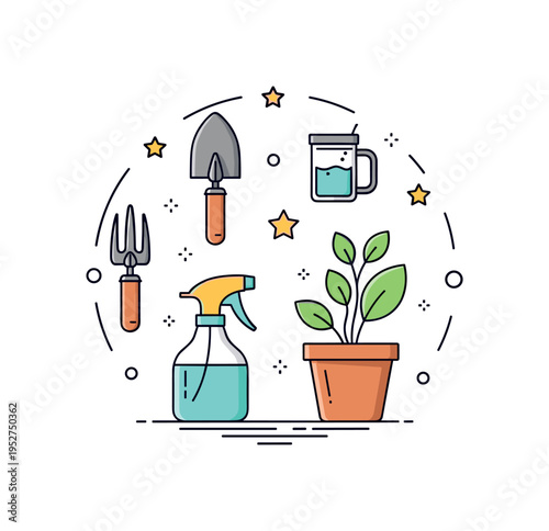 Indoor gardening tools set theme featuring a small trowel, spray bottle, and potted plant arranged in a balanced circular layout, symbolizing care and hobby