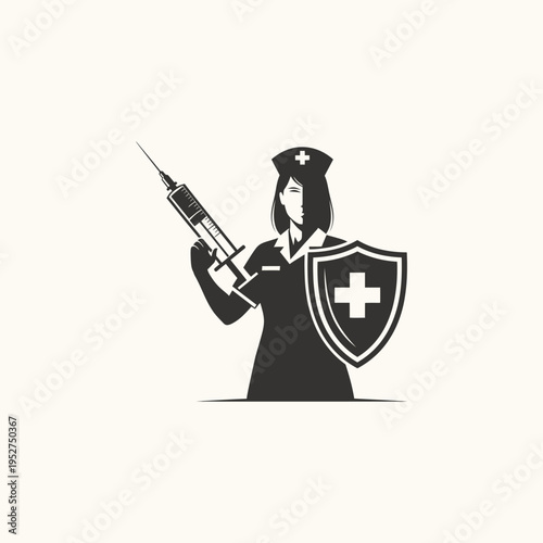 Female Nurse Holding Syringe and Medical Shield Icon Representing Health Protection and Vaccination