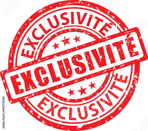Exclusivité. Tampon rouge grunge vectoriel. Illustration dessinée à la main. Français.