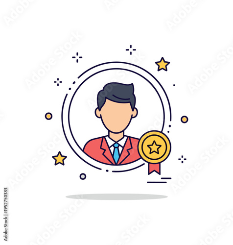 Personal brand and speaker identity concept featuring a presenter silhouette framed by a subtle circular badge with a small star icon, representing recognition