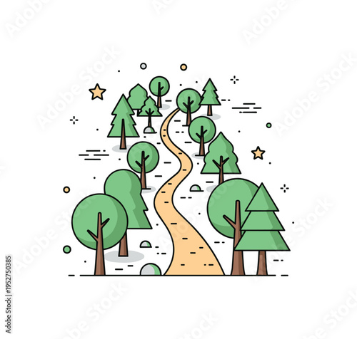 Forest trail adventure concept showing a narrow path winding between evenly spaced trees, symbolizing exploration and outdoor discovery. Clean spacing keeps